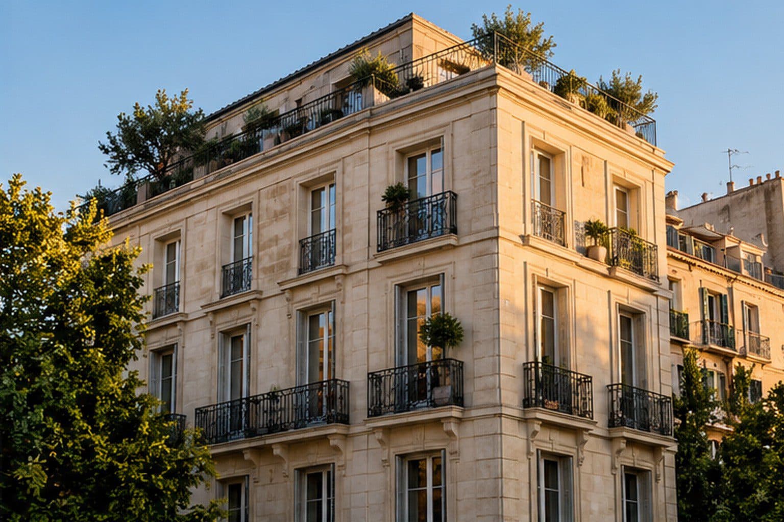 Façade d'immeuble en pierre de taille avec balcons en fer forgé