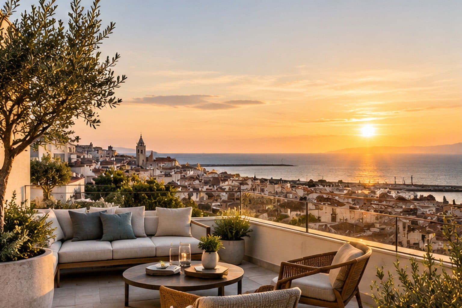 Terrasse face à la mer au coucher du soleil, au-dessus des toits d'une ville côtière